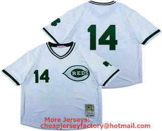 Men's Cincinnati Reds #14 Pete Rose White With Green Number Throwback Jersey By Mitchell & Ness