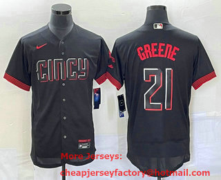 Men's Cincinnati Reds #21 Hunter Greene Black 2023 City Connect Flex Base Stitched Jersey 01
