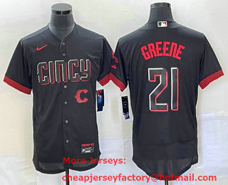 Men's Cincinnati Reds #21 Hunter Greene Black 2023 City Connect Flex Base Stitched Jersey 02