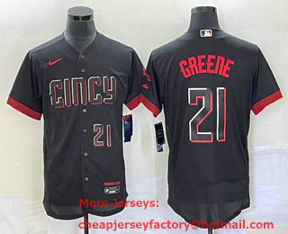 Men's Cincinnati Reds #21 Hunter Greene Number Black 2023 City Connect Flex Base Stitched Jersey 02