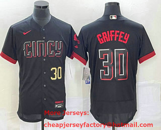 Men's Cincinnati Reds #30 Ken Griffey Jr Number Black 2023 City Connect Flex Base Stitched Jersey 01