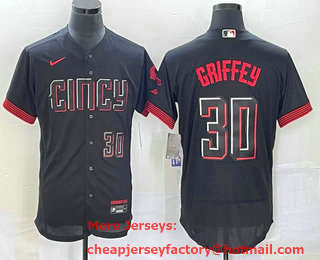Men's Cincinnati Reds #30 Ken Griffey Jr Number Black 2023 City Connect Flex Base Stitched Jersey 03