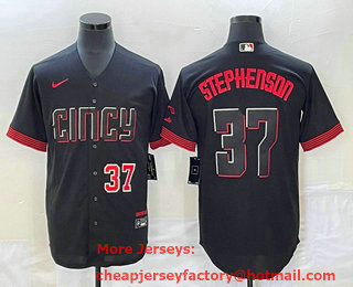 Men's Cincinnati Reds #37 Tyler Stephenson Number Black 2023 City Connect Cool Base Stitched Jersey 02