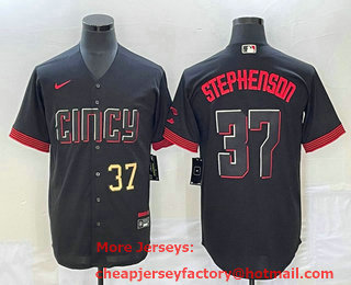 Men's Cincinnati Reds #37 Tyler Stephenson Number Black 2023 City Connect Cool Base Stitched Jersey 03