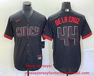 Men's Cincinnati Reds #44 Elly De La Cruz Black 2023 City Connect Cool Base Stitched Baseball Jersey 02