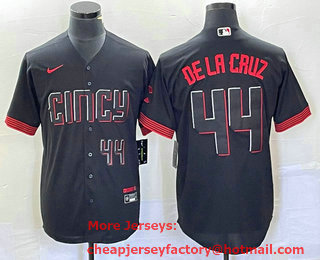 Men's Cincinnati Reds #44 Elly De La Cruz Number Black 2023 City Connect Cool Base Stitched Baseball Jersey 01