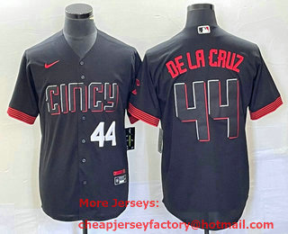 Men's Cincinnati Reds #44 Elly De La Cruz Number Black 2023 City Connect Cool Base Stitched Baseball Jersey 04