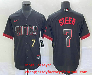 Men's Cincinnati Reds #7 Spencer Steer Number Black 2023 City Connect Cool Base Stitched Baseball Jersey 01