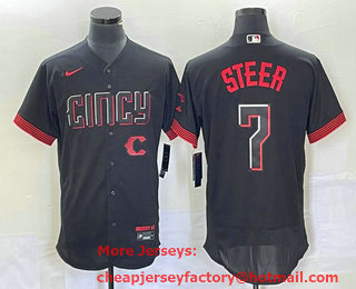 Men's Cincinnati Reds Spencer Steer Black 2023 City Connect Flex Base Stitched Jersey 01
