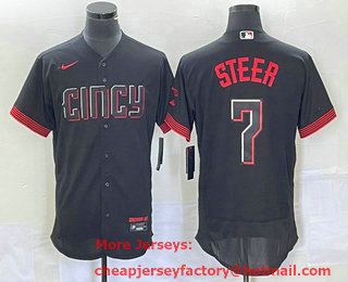 Men's Cincinnati Reds Spencer Steer Black 2023 City Connect Flex Base Stitched Jersey 02