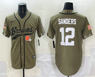 Men's Cleveland Browns #12 Shedeur Sanders Olive 2022 Salute To Service Cool Base Stitched Baseball Jersey