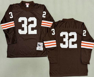Men's Cleveland Browns #32 Jim Brown Brown Long Sleeves 1964 Throwback Jersey