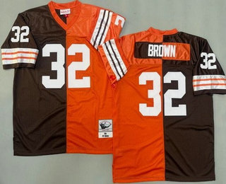 Men's Cleveland Browns #32 Jim Brown Brown Orange 1963 Split Throwback Jersey