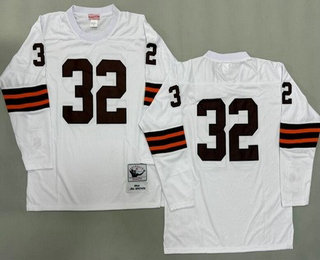 Men's Cleveland Browns #32 Jim Brown White Long Sleeves 1964 Throwback Jersey
