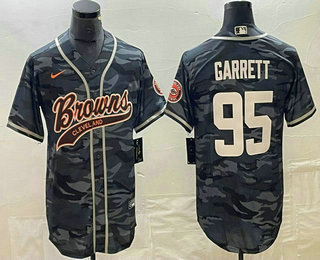 Men's Cleveland Browns #95 Myles Garrett Grey Camo With Patch Cool Base Stitched Baseball Jersey