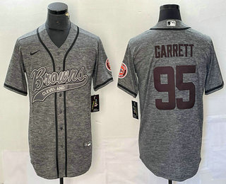 Men's Cleveland Browns #95 Myles Garrett Grey Gridiron With Patch Cool Base Stitched Baseball Jersey