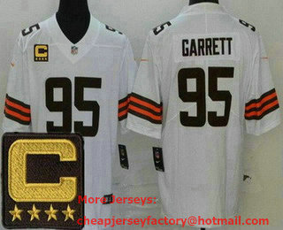 Men's Cleveland Browns #95 Myles Garrett Limited White 2022 Captain Patch Vapor Jersey