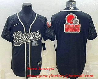 Men's Cleveland Browns Black Reflective Team Big Logo With Patch Cool Base Stitched Baseball Jersey