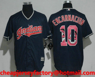 Men's Cleveland Indians #10 Edwin Encarnacion Navy Blue Team Logo Ornamented Stitched MLB Cool Base Jersey