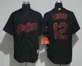 Men's Cleveland Indians #12 Francisco Lindor Lights Out Black Pinstripe Stitched MLB Cool Base Jersey