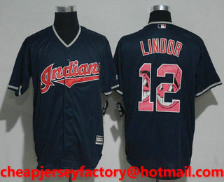 Men's Cleveland Indians #12 Francisco Lindor Navy Blue Team Logo Ornamented Stitched MLB Cool Base Jersey