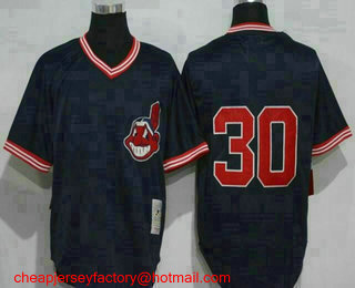 Men's Cleveland Indians #30 Joe Carter Navy Blue Mitchell & Ness Cooperstown Mesh Batting Practice Jersey