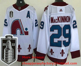 Men's Colorado Avalanche #29 Nathan MacKinnon White 2021 Reverse Retro 2022 Stanley Cup Stitched Jersey