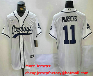 Men's Dallas Cowboys #11 Micah Parsons White With Navy Name Cool Base Stitched Baseball Jersey