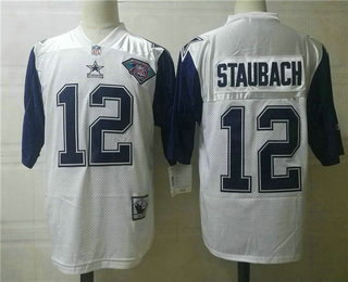 Men's Dallas Cowboys #12 Roger Staubach White Thanksgivings With 7TH Patch Throwback Jersey by Mitchell & Ness