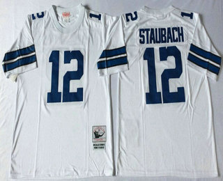 Men's Dallas Cowboys #12 Roger Staubach White Throwback Jersey by Mitchell & Ness