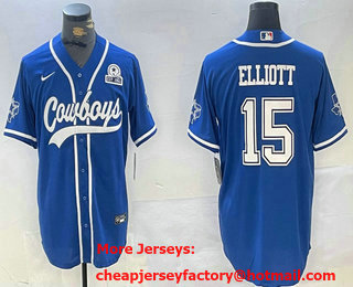 Men's Dallas Cowboys #15 Ezekiel Elliott Light Blue With 1960 Patch Cool Base Stitched Baseball Jersey