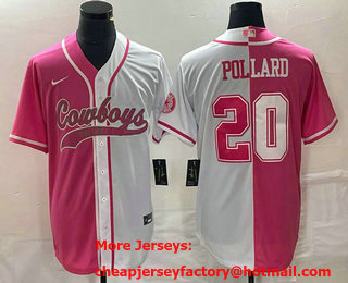 Men's Dallas Cowboys #20 Tony Pollard Pink White Two Tone With Patch Cool Base Stitched Baseball Jersey
