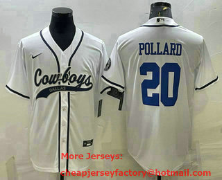 Men's Dallas Cowboys #20 Tony Pollard White With Patch Cool Base Stitched Baseball Jersey