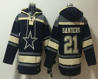 Men's Dallas Cowboys #21 Barry Sanders Navy Ageless Must Have Lace Up Pullover Hoodie
