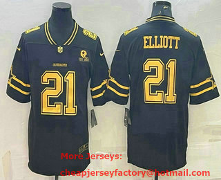 Men's Dallas Cowboys #21 Ezekiel Elliott Black Gold Edition With 1960 Patch Limited Stitched Football Jersey