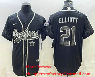 Men's Dallas Cowboys #21 Ezekiel Elliott Black Reflective With Patch Cool Base Stitched Baseball Jersey