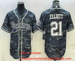 Men's Dallas Cowboys #21 Ezekiel Elliott Grey Camo With Patch Cool Base Stitched Baseball Jersey