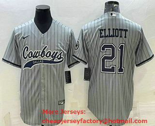 Men's Dallas Cowboys #21 Ezekiel Elliott Grey With Patch Cool Base Stitched Baseball Jersey