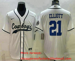 Men's Dallas Cowboys #21 Ezekiel Elliott White With Patch Cool Base Stitched Baseball Jersey