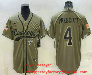 Men's Dallas Cowboys #4 Dak Prescott 2022 Olive Salute to Service Cool Base Stitched Baseball Jersey