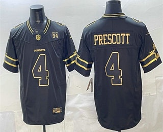 Men's Dallas Cowboys #4 Dak Prescott Black Gold FUSE 94 Marshawn Kneeland Memorial Patch Vapor Limited Stitched Jersey