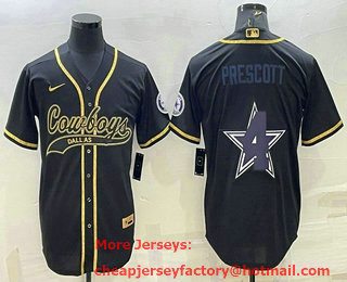 Men's Dallas Cowboys #4 Dak Prescott Black Gold Team Big Logo With Patch Cool Base Stitched Baseball Jersey
