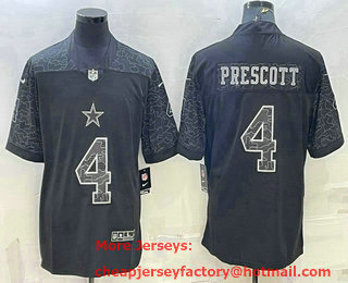 Men's Dallas Cowboys #4 Dak Prescott Black Reflective Limited Stitched Football Jersey