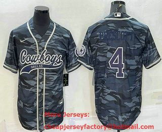 Men's Dallas Cowboys #4 Dak Prescott Blue Name Grey Camo With Patch Cool Base Stitched Baseball Jersey