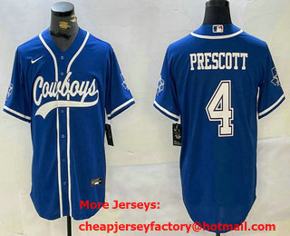 Men's Dallas Cowboys #4 Dak Prescott Light Blue Stitched Cool Base Nike Baseball Jersey