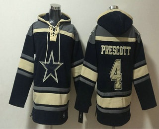 Men's Dallas Cowboys #4 Dak Prescott Navy Ageless Must Have Lace Up Pullover Hoodie
