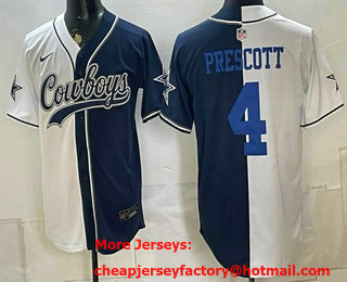 Men's Dallas Cowboys #4 Dak Prescott White Navy Split Stitched Jersey