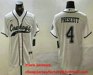 Men's Dallas Cowboys #4 Dak Prescott White Patch Cool Base Stitched Baseball Jersey 11