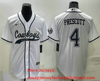 Men's Dallas Cowboys #4 Dak Prescott White Stitched Cool Base Nike Baseball Jersey