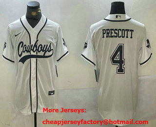 Men's Dallas Cowboys #4 Dak Prescott White With Navy Name Cool Base Stitched Baseball Jersey